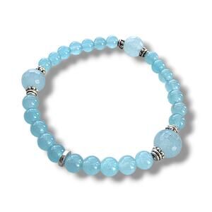 UTC HSN signed Silver 925 Aquamarine Stone Stretch Beaded Bracelet 7" Signed New